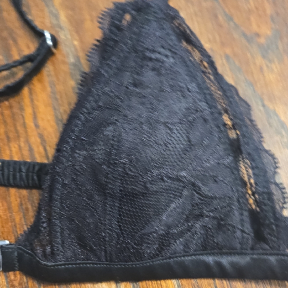 Fleur du Mal Black Lace Triangle Bralette with Satin Garter Panty Set - Picture 5 of 10